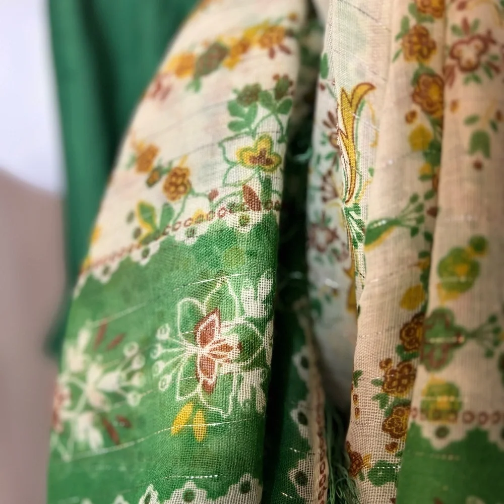 Vintage Gorgeous Vibrant Floral Green Gold and Cream Scarf Springtime